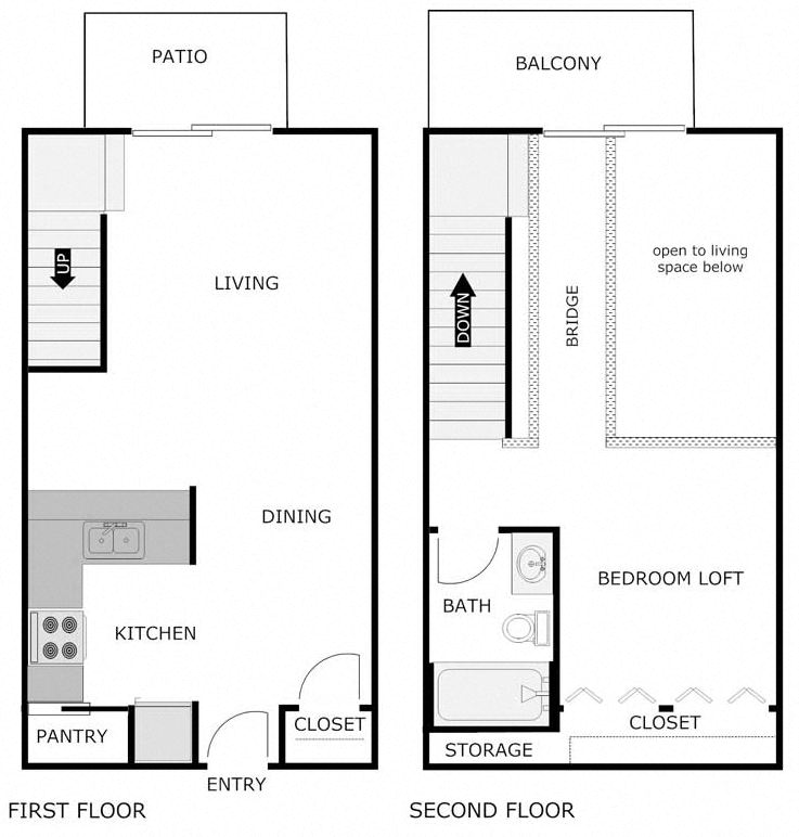 Floor plan for 1 bed, 1 bath, 750 sqft